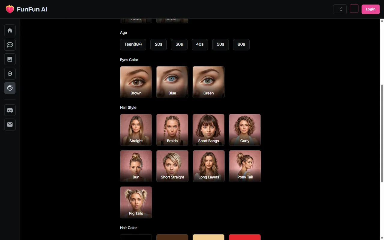 Scrolled FunFun AI creator showing eye and hair options