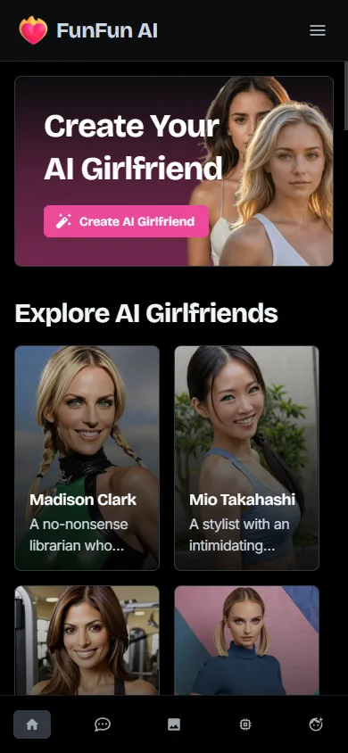 Mobile public FunFun AI home showing character discovery cards